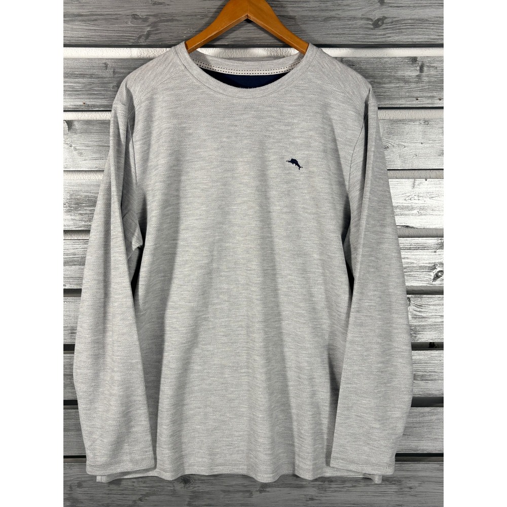 Tommy Bahama Mens Large Gray Waffle Thermal Knit Long Sleeve Marlin Logo Shirt